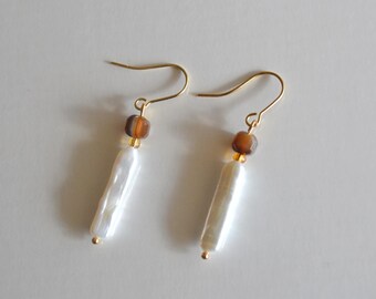 Baroque Pearl & Brown Sardonyx Earrings, 14KGP Gold PlatedC Natural Stone Drop Earrings, Fall Winter Jewelry, Handmade