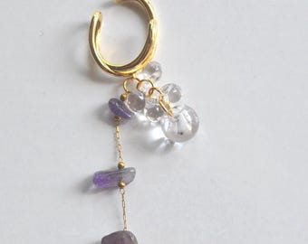 Amethyst Ear Cuff No Piercing, Clear Glass Bubble Beads, Gold Chain Dangle Ear Cuff, Minimalist Purple Jewelry, Handmade Gift for Her