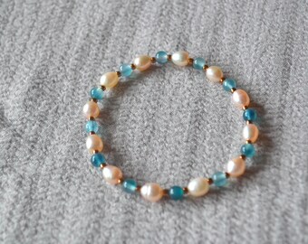 Blue Agate & Freshwater Pearl Bracelet, Delicate Beaded Bracelet, Gold Accent Stretch Bracelet, Minimalist Gemstone Jewelry Gift for Her
