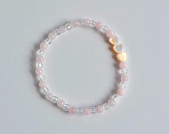 Madagascar Rose Quartz & Clear Quartz Bracelet with Heart Shell Charm – Handmade Healing Crystal Jewelry