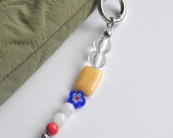 Colorful Yellow Jade Bag Charm with Millefiori Flower, Handmade Beaded Purse Charm, Natural Stone Keychain Gift
