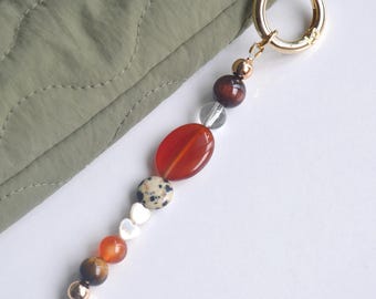 Red Agate Bag Charm, Natural Stone Purse Charm, Carnelian & Dalmatian Jasper Keychain, Heart Shell Charm, Boho Handbag Accessory
