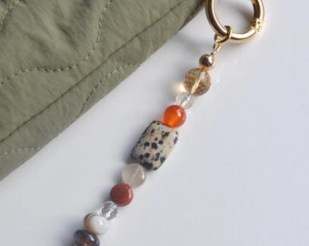 Dalmatian Jasper Bag Charm, Carnelian & Crystal Quartz Purse Charm, Natural Stone Keychain, Gold Bag Accessory, Boho Gift