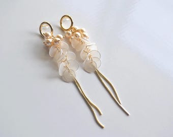 Shell & Faux Pearl Long Dangle Earrings, Gold Tassel Earrings, Lightweight Statement Earrings, Beach Wedding Jewelry, Elegant Summer