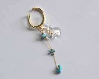 Turquoise Ear Cuff No Piercing, Clear Glass Bubble Beads, Gold Chain Dangle Ear Cuff, Minimalist Jewelry, Boho Summer Gift for Her