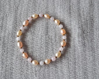 Rose Quartz & Freshwater Pearl Bracelet – Dainty Pink Gemstone Stretch Bracelet – Feminine Minimal Jewelry – 6 7 8 Inch