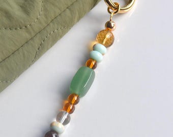 Green Stone Bag Charm, Impression Stone & Quartz Purse Charm, Natural Stone Keychain, Boho Bag Accessory, Handmade Gift