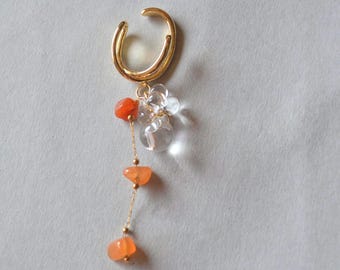 Carnelian Ear Cuff, Orange Gemstone Dangle Ear Cuff, Gold Minimalist Ear Wrap, Clear Glass Bead, Non Pierced Earring, Gift for Her