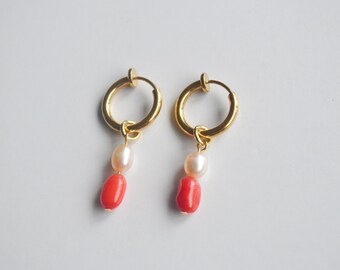 Coral & Freshwater Pearl Hoop Earrings | Surgical Stainless Steel | Gold Minimalist Earrings | Lightweight Gift for Her