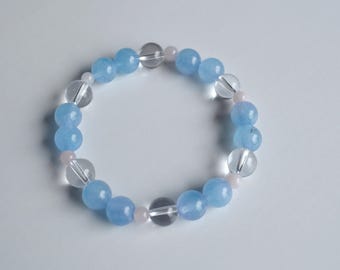 Aquamarine Crystal Bracelet, Madagascar Rose Quartz Stretch Bracelet, Natural Gemstone Jewelry, Blue Beaded Bracelet, Handmade Gift