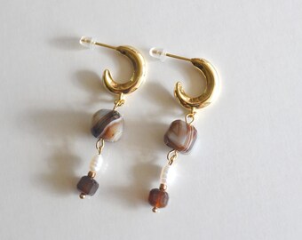Brown Sardonyx & Freshwater Pearl Hoop Earrings, 14KGP Dangle Earrings, Fall Winter Jewelry, Natural Stone Earrings, Gift for Her