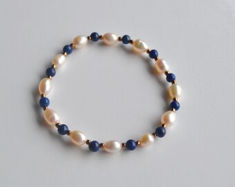 Lapis Lazuli & Freshwater Pearl Bracelet | Natural Gemstone Stretch Bracelet | Elegant Blue and Pearl Jewelry | Gift for Her