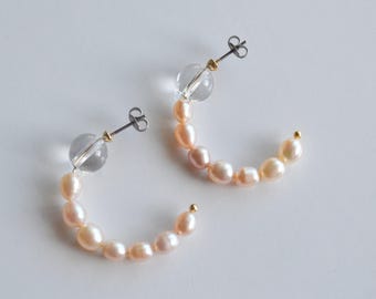 Pearl and Quartz hoop earrings |  Handmade Gold Earrings |  Elegant Gift for Her