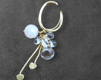 Rose Quartz & Clear Crystal Ear Cuff, Gold Heart Chain Ear Cuff, Dangle Ear Cuff, Minimalist Gemstone Ear Cuff, Romantic Jewelry
