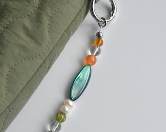 Mother of Pearl Bag Charm, Crystal Quartz & Carnelian Beaded Keychain, Pearl and Peridot Charm, Handmade Gemstone Accessory