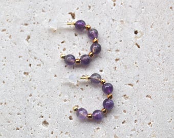 Amethyst Beaded Hoop Earrings, Hypoallergenic Resin Post, Gold Accent Minimalist Jewelry, Small Circle Earrings, February Birthstone Gift