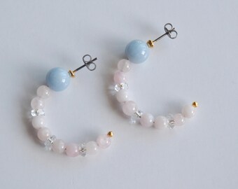 Angelite & Madagascar Rose Quartz Earrings | Clear Quartz | Japanese Handmade Minimal Jewelry