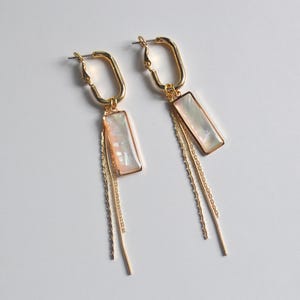 Shimmering Natural Shell Earrings, Gold Frame Dangle Earrings with Chain Tassels, Titanium Post Earrings