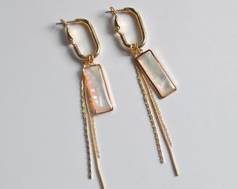 Shimmering Natural Shell Earrings, Gold Frame Dangle Earrings with Chain Tassels, Titanium Post Earrings