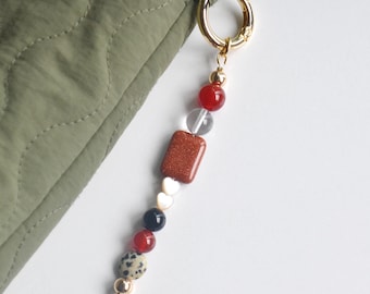 Goldstone and Carnelian Bag Charm Natural Stone Purse Charm Heart Shell Keychain Dalmatian Jasper and Onyx Handbag Accessory,Gift for Her