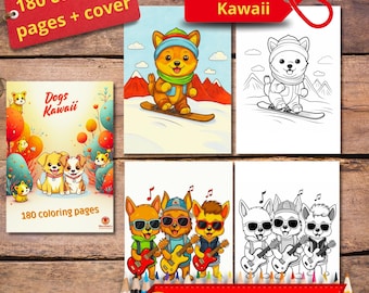 May include: A collection of "Dogs Kawaii" coloring pages. The cover features three cartoon dogs with balloons. Other pages show dogs snowboarding and playing guitars. The set includes 180 coloring pages and cover. A red tag reads "Dogs Kawaii".