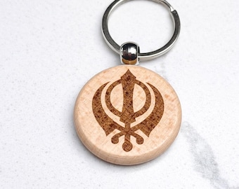 Llavero grabado de madera Sikh Khanda con oración Mool Mantar