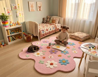 Hand Tufted Wool Rug Pink Flower Carpet Pastel Floral Nursery Soft Playroom Area Decor