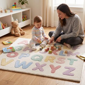 May include: A rectangular area rug featuring a cream-colored background with large, soft-textured letters of the alphabet in pastel shades of pink, blue, yellow, and green arranged in rows across the surface, providing a tactile surface for play.