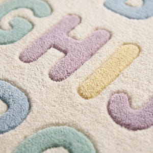 May include: A cream-colored tufted rug featuring raised, soft-textured letters in pastel shades of mint green, lavender, light blue, and pale yellow. The alphabet characters are arranged in a repeating pattern across the plush, high-pile surface.