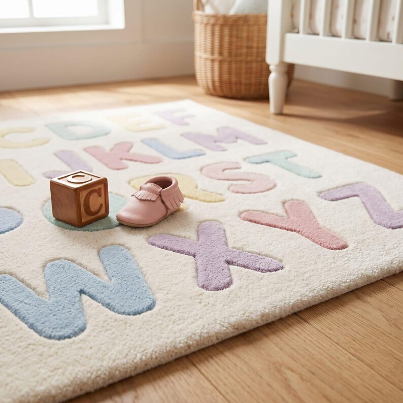 May include: A cream-colored area rug featuring the alphabet in raised, pastel-colored letters. A wooden block with the letter C and a single light pink leather moccasin are placed on the surface of the rug, which displays letters from A to Z.