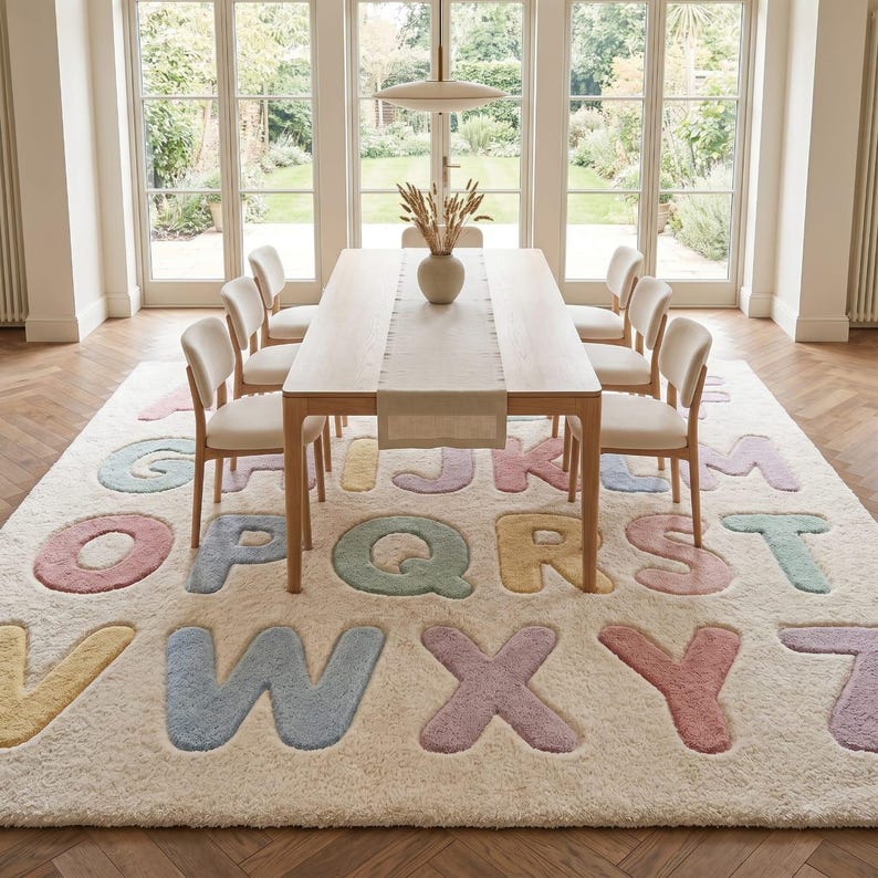 May include: A large rectangular area rug featuring a cream-colored background with a repeating pattern of raised, soft-textured alphabet letters in pastel shades of pink, blue, yellow, and green, covering the entire surface of the floor covering.