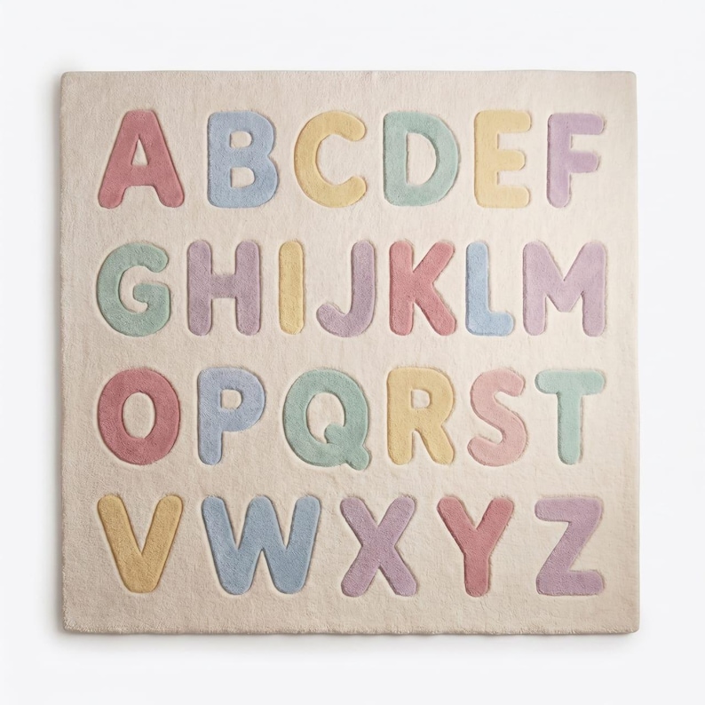 May include: A square area rug with a cream-colored background featuring the alphabet from A to Z in raised, tufted letters. The letters are arranged in four rows and are colored in soft shades of pink, blue, yellow, green, and lavender.