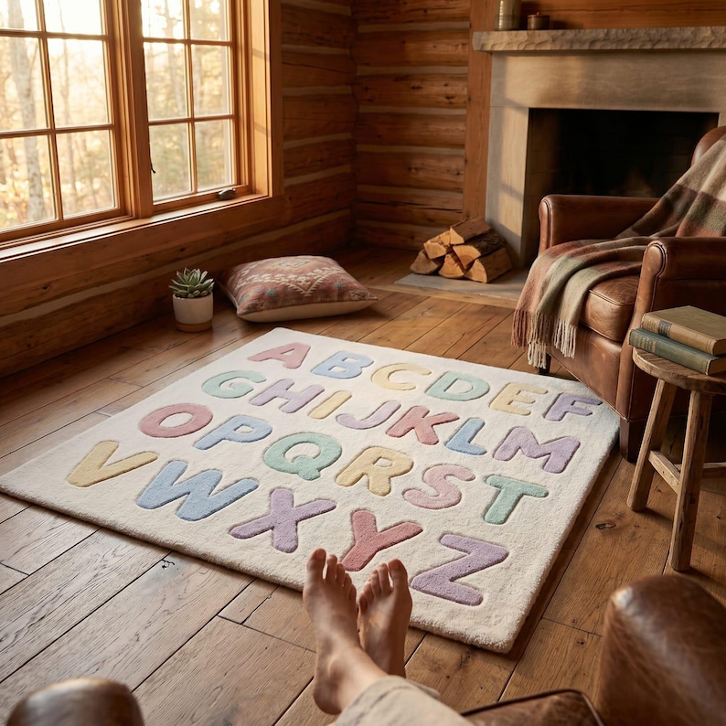 May include: A rectangular area rug featuring a cream-colored base with the English alphabet letters A through Z in a raised, tufted texture. The letters are colored in soft pastel shades of pink, blue, yellow, and green, arranged in rows.