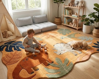 May include: A large, irregularly shaped area rug in shades of orange, featuring a tufted design of dinosaurs and tropical leaves in blue, green, and cream. The rug has a soft, textured surface with a prominent triceratops and a long-necked dinosaur.