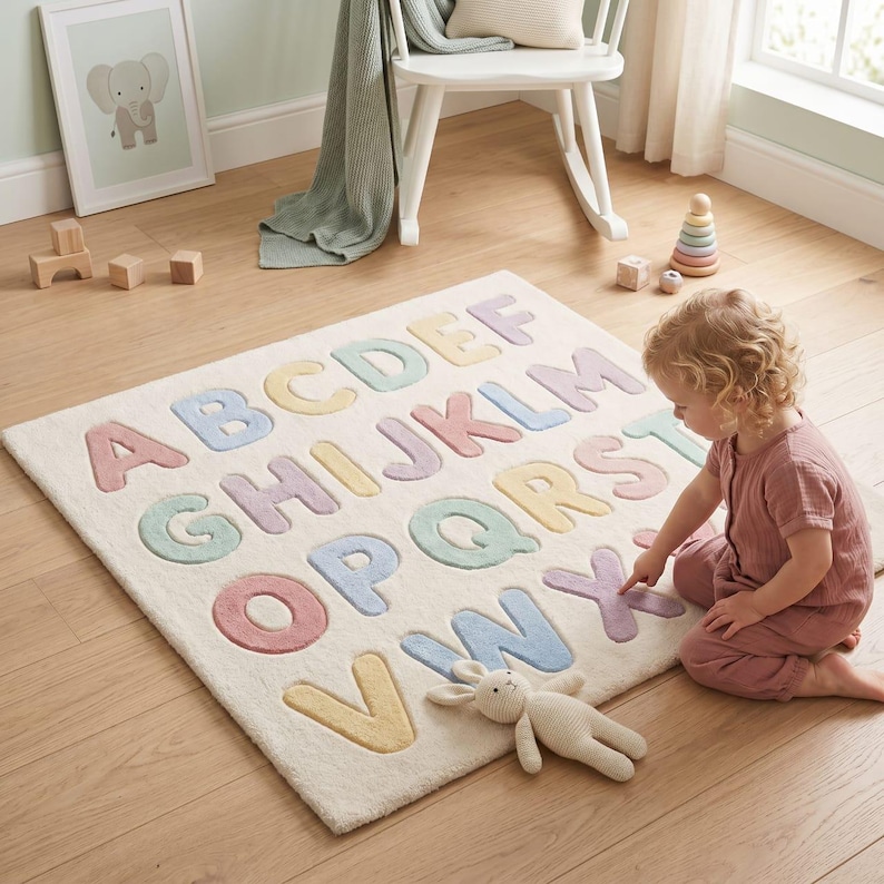 May include: A rectangular cream-colored area rug featuring the alphabet in raised, pastel-colored letters including pink, blue, yellow, and green. A small, cream-colored knitted rabbit toy rests on the rug surface near the letter X.