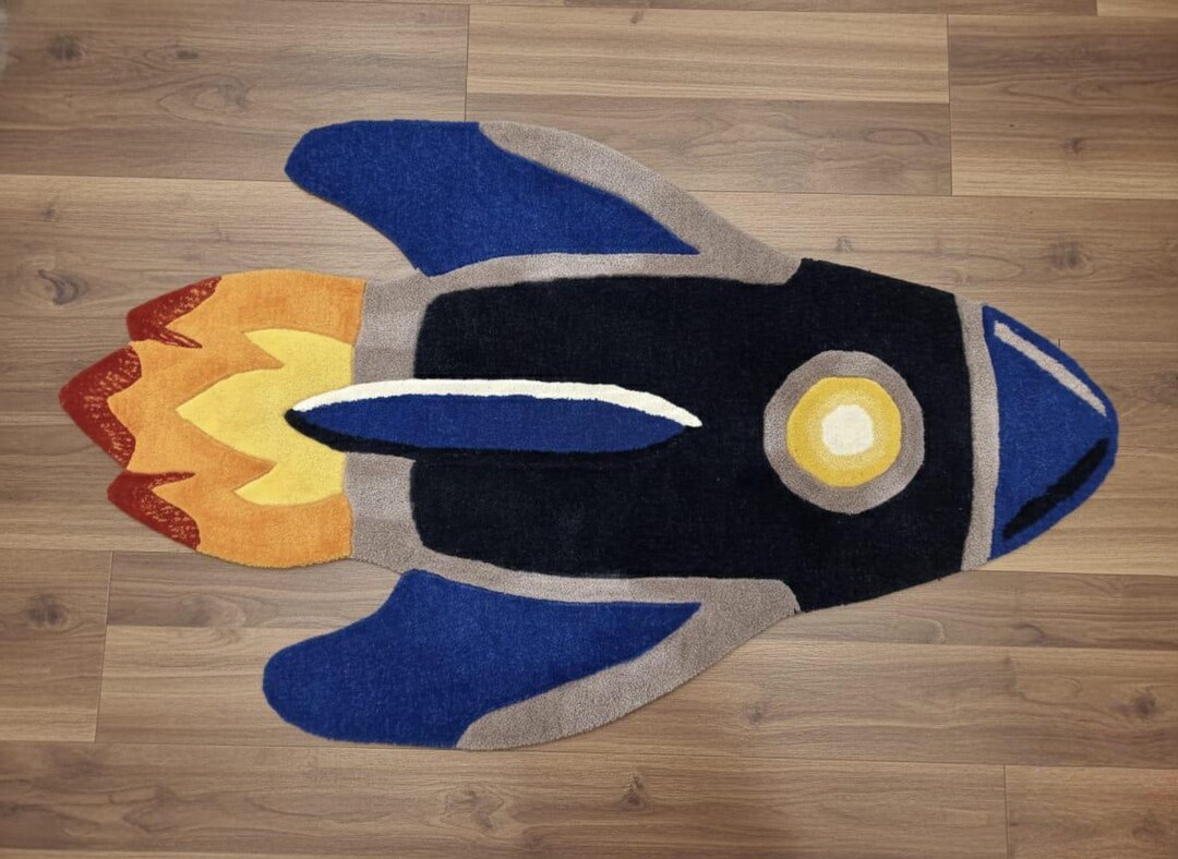 Rocket Shape Tufted Rug, Space Theme Kids Room Carpet, Handmade Wool ...
