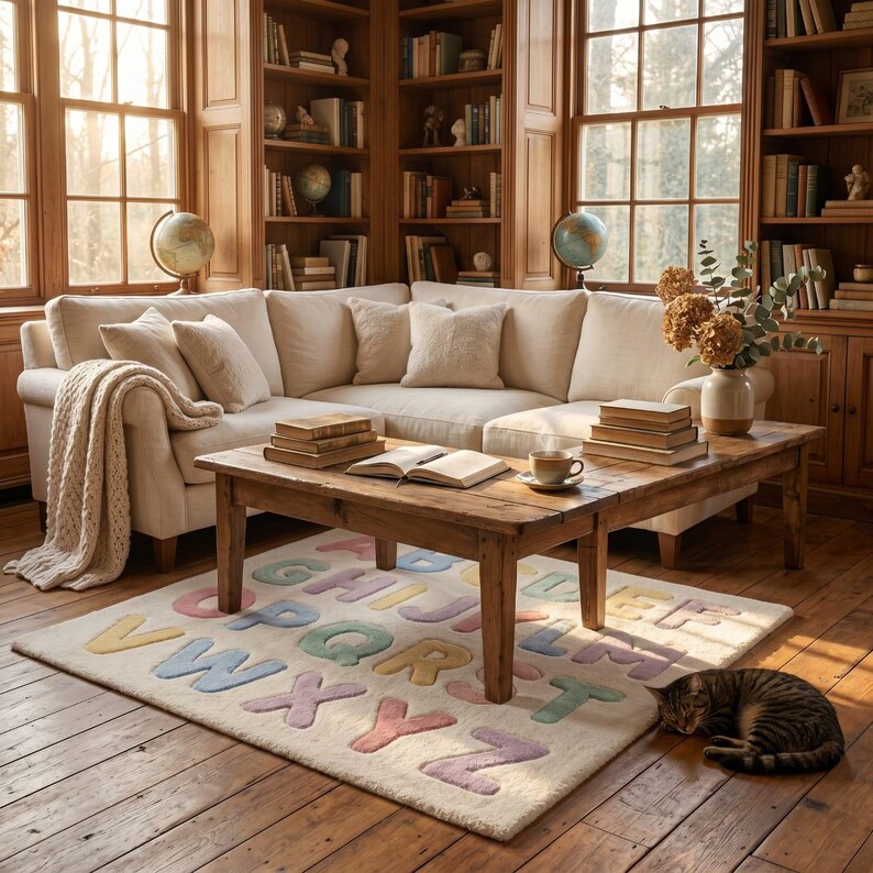 May include: A rectangular area rug featuring a raised alphabet pattern in pastel colors including pink, blue, yellow, and green on a cream background. The rug is placed on a wooden floor beneath a wooden coffee table in a room with a sofa.
