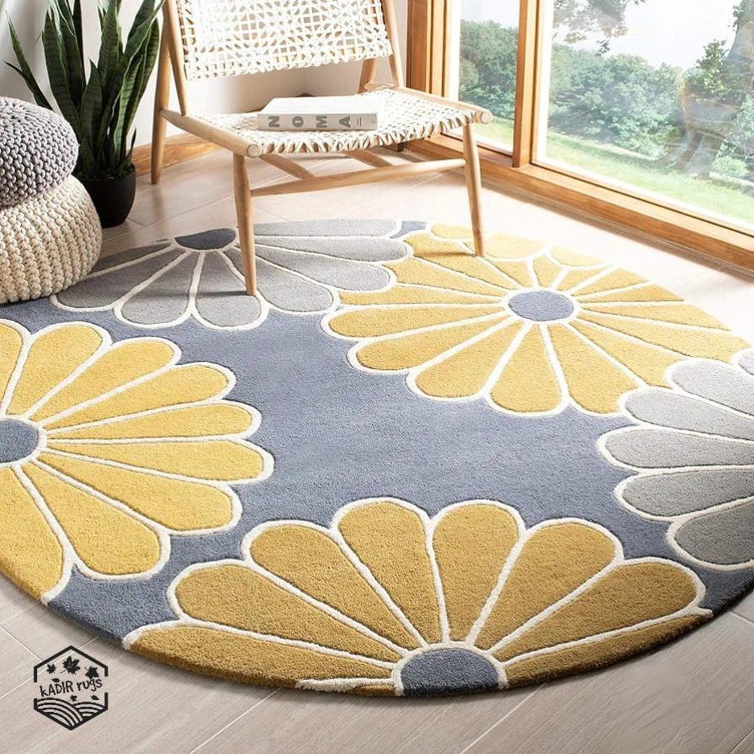 Yellow Circe Rug Modern Daisy Round Rug - Mustard Yellow & Grey Floral Circle Rug - Mid ...