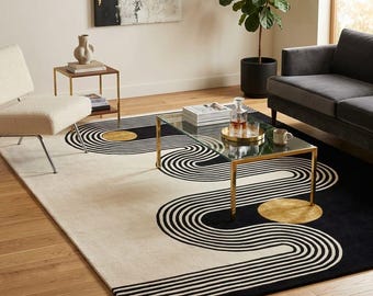 Hand Tufted Modern Abstract Rug, Black White Area Rug, Contemporary Geometric Carpet, Living Room