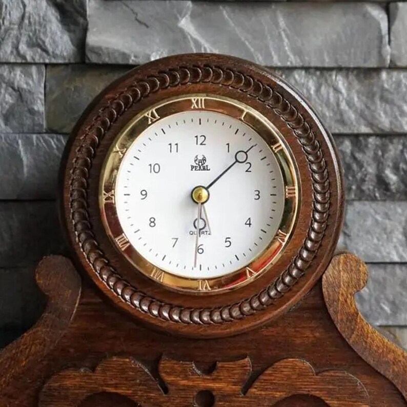 Rustic Timepiece Vintage Wooden Desk Clock, Rustic Table Timepiece, Carved Wood, Retro ...