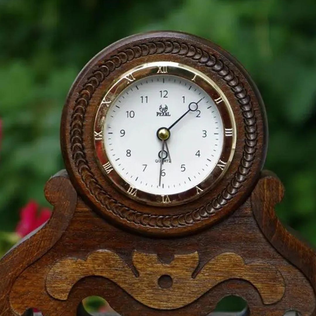 Rustic Timepiece Vintage Wooden Desk Clock, Rustic Table Timepiece, Carved Wood, Retro ...