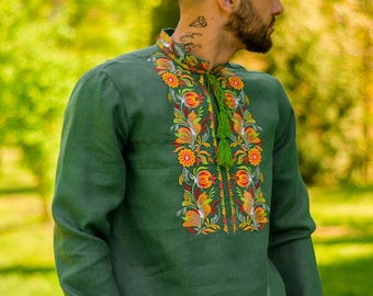 Green Linen Embroidered Shirt, Floral Folk Embroidery, Traditional Slavic Clothing, Ethnic Mens Shirt.
