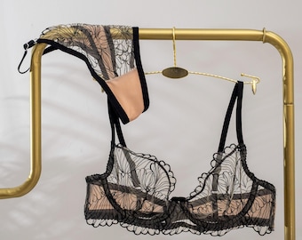 Sheer Black Embroidered See Through Lace Lingerie Set, Romantic Bra and Panty