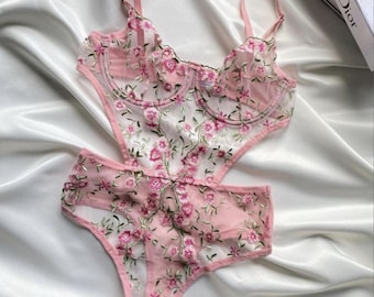 Body de encaje floral, body romántico completo, lencería nupcial transparente