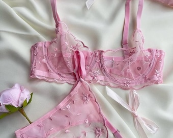 Floral Romantic See Through Chic Handmade Lace Lingerie Bra Panty Set