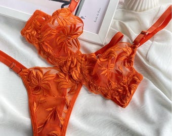 Sheer Embroidered Handmade Lace Lingerie Set, Dainty Bra and Panty