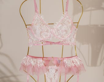 3 Piece Full Set, Pink Lace Embroidered Romantic Lingerie Set, Cute Bra Panty Set, Free Stockings