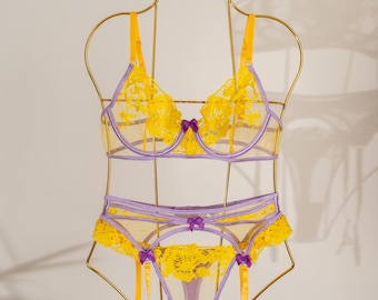 Full Lingerie Set, Yellow Floral Lace Lingerie Set, Sheer Embroidery Bra Panty