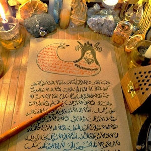 May include: A detailed image of a parchment with Arabic calligraphy and a drawing of a crowned figure. The scene is set with candles, crystals, dried citrus, and other ritualistic items, creating an atmosphere of magic and spirituality.