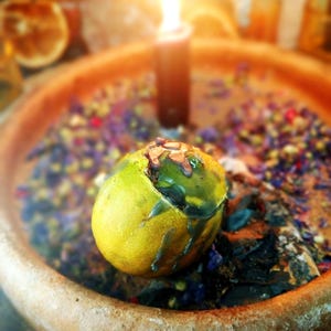 May include: A lit black candle stands in a terracotta bowl with a yellow citrus fruit. The fruit is partially cut open, with green and brown wax-like substances inside. The bowl is filled with dried flowers and herbs.
